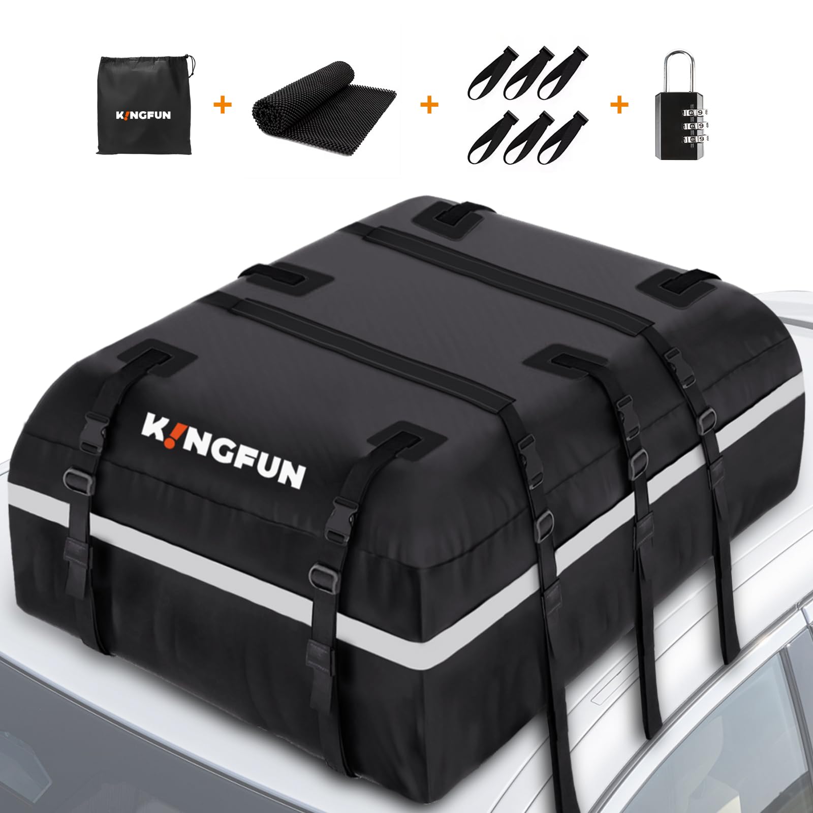 Kingfun Rooftop Cargo Carrier - Waterproof 20 Cubic Feet Car Roof Bag for All Vechicles with/Without Racks, Includes Anti-Slip M